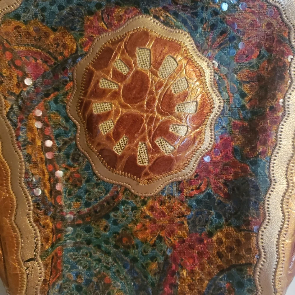 Vintage 80s Sharif Shoulder Bag Purse Gold Patchwork Snakeskin Print Made In USA - Picture 2 of 5